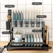 Estante para Platos de Metal Antioxidante de 2 Niveles con Bandeja Escurridora y Porta Utensilios - Organizador Ahorra Espacio para Secar y Almacenar Vajilla y Utensilios - Negro - Ver 3