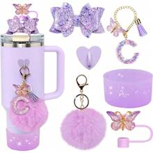 6Pcs Tumbler Cup Accessories Set - Butterfly Straw Topper Cover Cap, Bling Bow For Straw, Sparkly Silicone Boot, Letter Charm And Pompom For Water Bottle Cups Tumbler 40Oz 30Oz 20Oz, Back To School Supplies