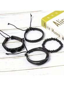 Set da 4 braccialetti in pelle da uomo, corda nera alla moda a più strati, regalo per Natale, Capodanno, San Valentino e altre festività