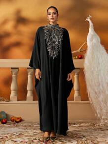 AmazingHoney 奢华绿色串珠刺绣长款卡夫坦，搭配优雅的蝙蝠袖，Abaya Kaftan 端庄连衣裙，阿拉伯女式连衣裙（超大尺码 - 请查看尺码表） - 黑色 - 查看 4
