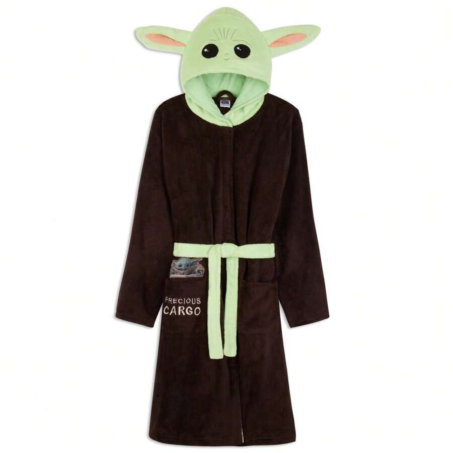 Disney The Dressing Gown & Fleece Hooded Bath Robe Pockets Cosy Loungewear Baby Yoda Gift - Brown - View 1