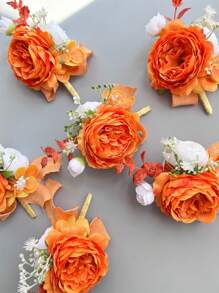 1pc/6pcs Artificial Silk Flower Groom Boutonniere Man Corsage Graduate Pin Suit Wedding Flowers Party Decoration Valentine's Day Accessories - Orange - View 3