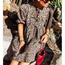Women's Elegant Leopard Print Round Neck Tie Front Crop Short Sleeve Dress