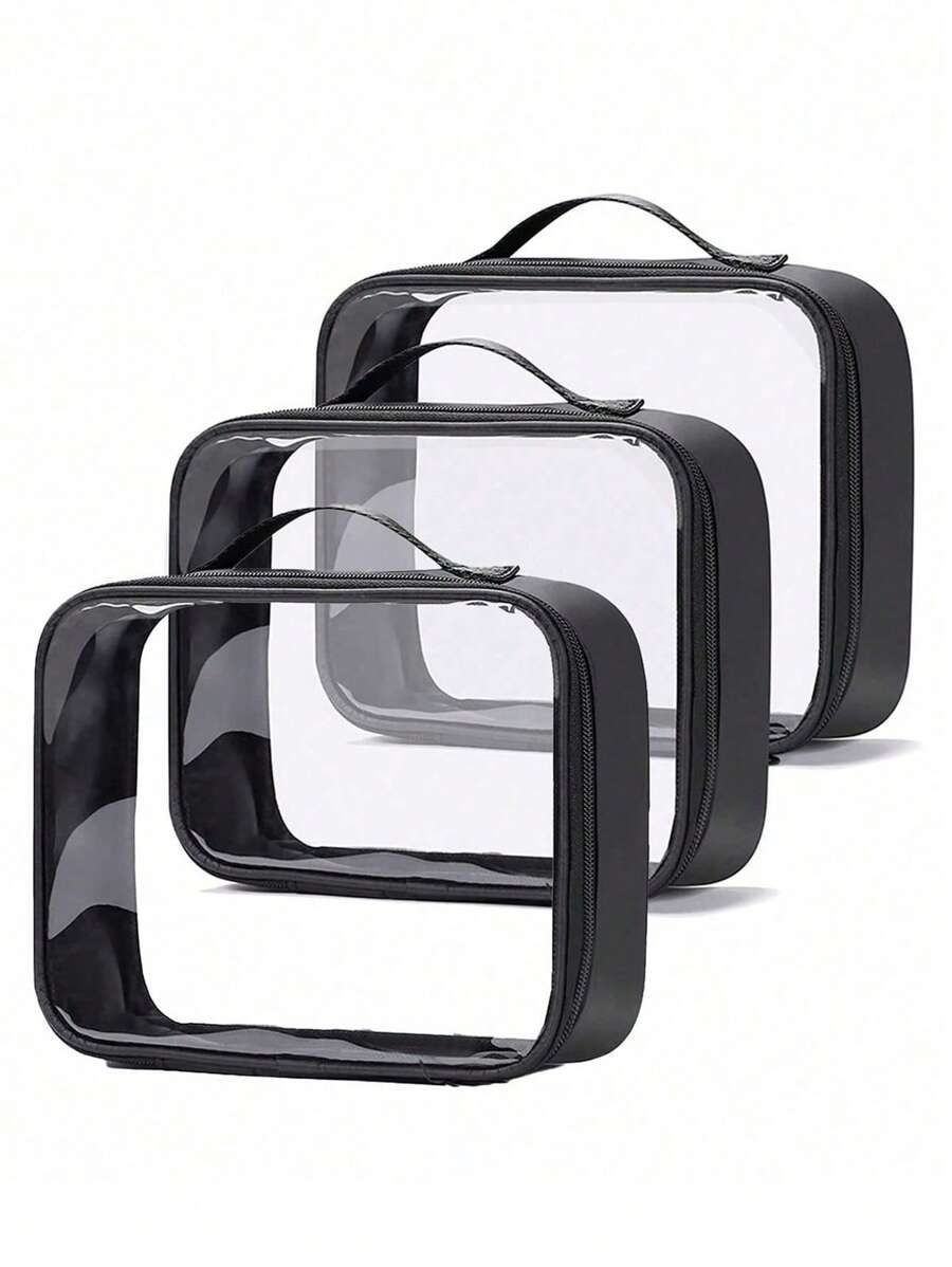 3pcs Clear Zipper Beauty Set Makeup Bag Transparent PVC Cosmetic Bag Portable Travel Organizer Waterproof, Toiletry Bag, Travel Bag, Purses For Women, Cruise Essentials, Bathroom Storage, Travel Essentials Women Travel Accessories Travel Must Haves - Black - View 1