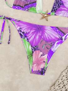 2pcs/Set Summer Vacation Random Leopard & Floral Print Metal Starfish Decor Camisole + High Waist Swimsuit, Beach Holiday - Green and Purple Leopard Print - View 9