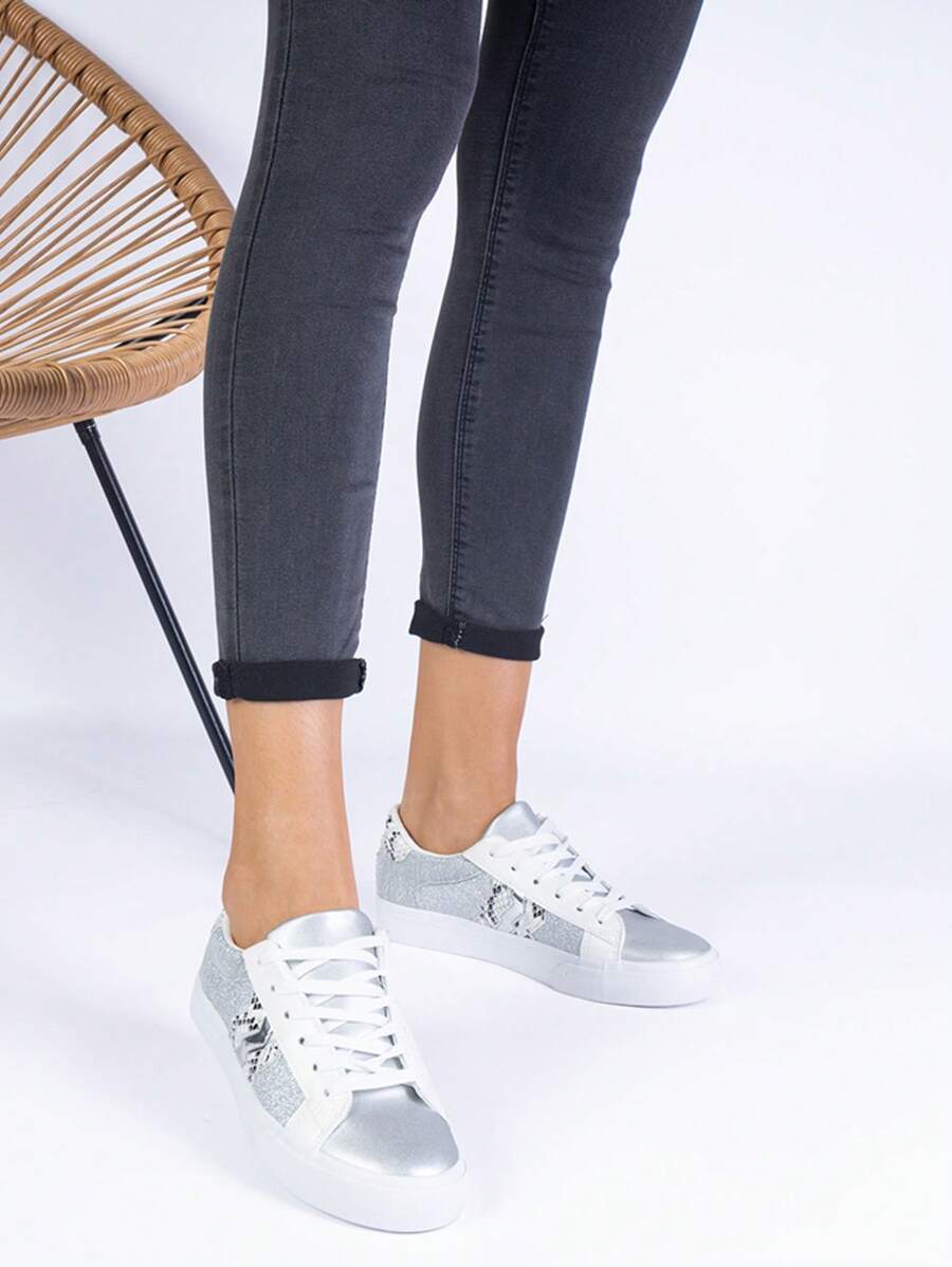 Silver Sneakers With An Animal Motif Decorated With Glitter Walorin - Silver - View 1