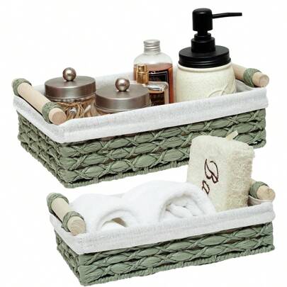 1pc/2pcs Water Hyacinth Wicker Basket Set, Simple Bathroom Storage Baskets With Liner, Wooden Handle Toilet Paper Holder Organizer, Home Decor Storage Basket