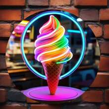 1pc, 8"X8", Vibrant Rainbow Ice Cream Neon Sign Metal Wall Decor, Rust-Proof & Waterproof - Ideal For Home, Bar, Cafe, Garden Indoor/Outdoor Decoration - Perfect Gift For Art Lover, Suitable For Room Decor, Random Hole Style