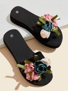 New Design Flower Decor Slide Sandals For Women, Summer Strap Chunky Heel Fashion Outdoor Slippers, Non-Slip Beach Vacation Sandals, House Slippers