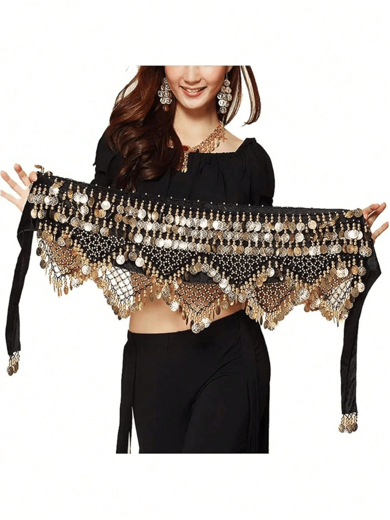 1pc Elegant Black Sequined Belly Dance Waist Chain Belt - Made Of Polyester Fiber With Tassel Details, Suitable For Eastern And Dance Styles Summer, School Fall, Autumn, Halloween