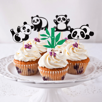 Creative Shiny Green Bamboo Black & White Panda Cupcake Topper Picks, Cute Bear Jungle Theme Birthday Party Cake Decorations