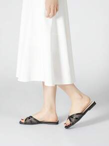 Flat Cross Strap Slippers, Casual Resort Wear, Versatile Square Toe Slide Sandals - Black - View 2