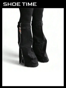 Botas de plataforma con cierre de candado de dobladillo de tela vaquera, pantalones inteligentes - Negro - Ver 1