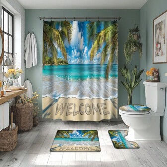 Juego de 1/4 piezas de cortina de ducha con diseño de bienvenida a la playa, serie oceánica y de vacaciones con conchas marinas. Cortina de ducha elegante impresa de 72 pulg. de ancho x 72 pulg. de alto con 12 ganchos, lavable a máquina, para decorar lujosamente el cuarto de baño, la ducha o la bañera. Diseño perfecto para volver al colegio.