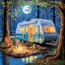 5D DIY Diamant Malerei Set - Idyllischer Campingbus und nächtliche Waldszene | Vollrunde Acryl-Diamanten-Bohrung auf Leinwand | Ideal für Schlafzimmer, Eingangsbereich, Arbeitszimmer, Badezimmer Wanddekoration | entspannende Bastelaktivität | perfektes Geschenk, nagelneues Diamant-Malerei-Set