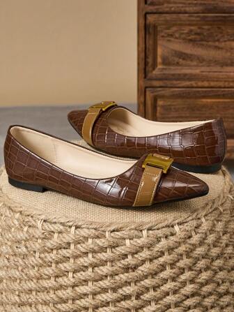 WHDXY Women's Pointed Toe Flats, Soft Bottom Low-Cut Slip-On Loafers With Chain Decoration & Marble Pattern, Casual Comfortable Versatile Flat Shoes, Suitable With Dresses, Commuting Leather Office Lady Shoes