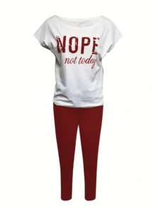 2pcs Casual Letter Print Short Sleeve T-Shirt And Elongated Pants Set - Burgundy - View 3