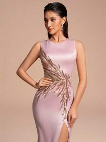 Elegant Long Slit Sequin Floral Print Party Dress - Baby Pink - View 6