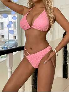 Conjunto de bikini de tirantes finos y escote de halter liso para playa de verano