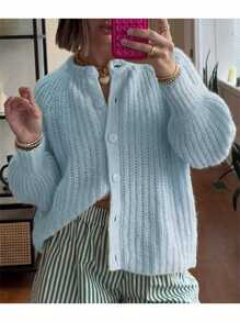 Women's Sweater Cardigan Loose Solid Color Crew Neck Long Sleeve Button Down Casual Tops For Winter FallY2K