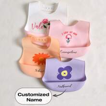 1pc Babador de bebê personalizado com estampa de flores, babador de silicone macio ajustável, antimanchas e antivazamento, presente personalizado para meninos e meninas, adequado para todas as estações