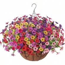 Artificial Faux Hanging Plants Flowers Basket For Summer Outdoor Outside Decoration, Fake Silk UV Sun Resistant Look Real Colorful Daisy Eucalyptus For Porch Home Patio Balcony Yard - Multicolor - View 1