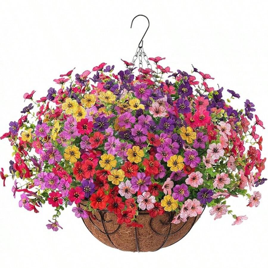 Artificial Faux Hanging Plants Flowers Basket For Summer Outdoor Outside Decoration, Fake Silk UV Sun Resistant Look Real Colorful Daisy Eucalyptus For Porch Home Patio Balcony Yard - Multicolor - View 1