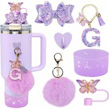 6Pcs Tumbler Cup Accessories Set - Butterfly Straw Topper Cover Cap, Bling Bow For Straw, Sparkly Silicone Boot, Letter Charm And Pompom For Water Bottle Cups Tumbler 40Oz 30Oz 20Oz, Back To School Supplies