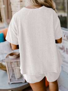 ASVIVID Bộ đồ thể thao nữ gồm áo thun và quần short dệt kim cổ tròn tay ngắn dáng rộng, kiểu dáng thường ngày. - trắng - Xem 3