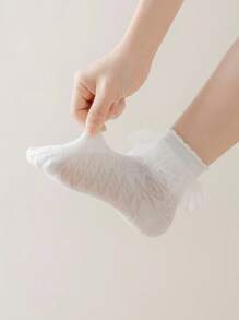 5 Pairs Lace Ruffle Trim Breathable Mesh Teen/Children Short Socks, Princess Style, Comfortable For Spring/Summer - White - View 6
