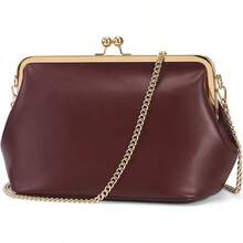 Women's Kiss Lock Crossbody Bag PU Medium Handbags Kiss Clasp Crossbody Shoulder Bags Tote Purse Messenger Handbag - 酒紅色 - 查看 2