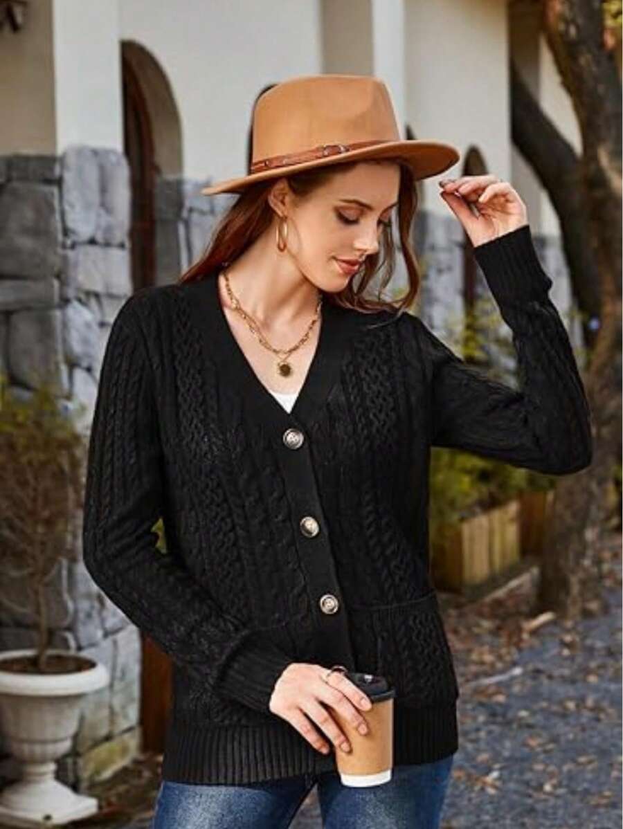Women's Knitted Cardigan Long Sleeve Cardigan Button Sweater Sweater Coat Single Breasted Long Sleeved Sweater Cardigan For Ladies Long Sleeve Cable Knit Long Cardigan For Women 2025 Fall Winter Chunky Open Front Button Sweaters With Pockets - màu đen - Xem 1