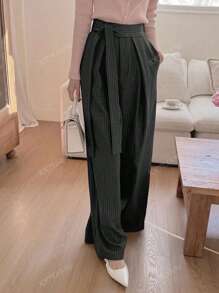 Korean Style Striped Belt With Waist Tie, Versatile Wide Leg Casual Suit Pants, Spring/Summer