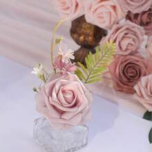 27 件（25 朵玫瑰 2 片叶子）人造花逼真象牙泡沫假玫瑰带茎适用于 DIY 婚礼花束白色新娘送礼会中心装饰布置派对桌装饰情人节和母亲节（不含纸盒）