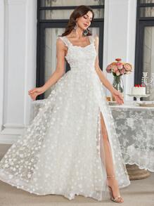 UNITHORSE 吊带连衣裙 轻盈奢华花卉蕾丝收腰喇叭下摆开衩优雅派对礼服、婚纱、新娘、全白派对服装女士 - 白色 - 查看 4