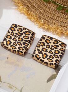 1 Pair Geometric Square Stud Earrings For Women, Simple Design Suitable For Formal Party Gift - Brown Leopard Print - View 5
