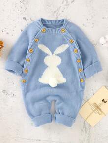 Infant Knitted Jumpsuit, Rabbit Pattern Round Neck Double-Breasted Overalls, 0-24 Months