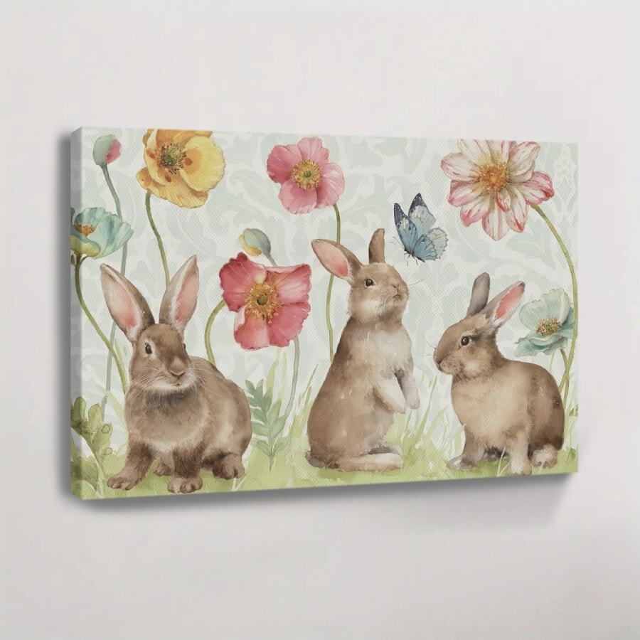 1pc Wooden Framed Wall Art, Wrapped Canvas Vintage Prints Poster, Easter Day, Three Rabbits In A Field Of Flowers, Birthday Party Decor, Decorative Wall Art For Living Room Bedroom Office, Hanging Hardware Included - Framed, Horizontal