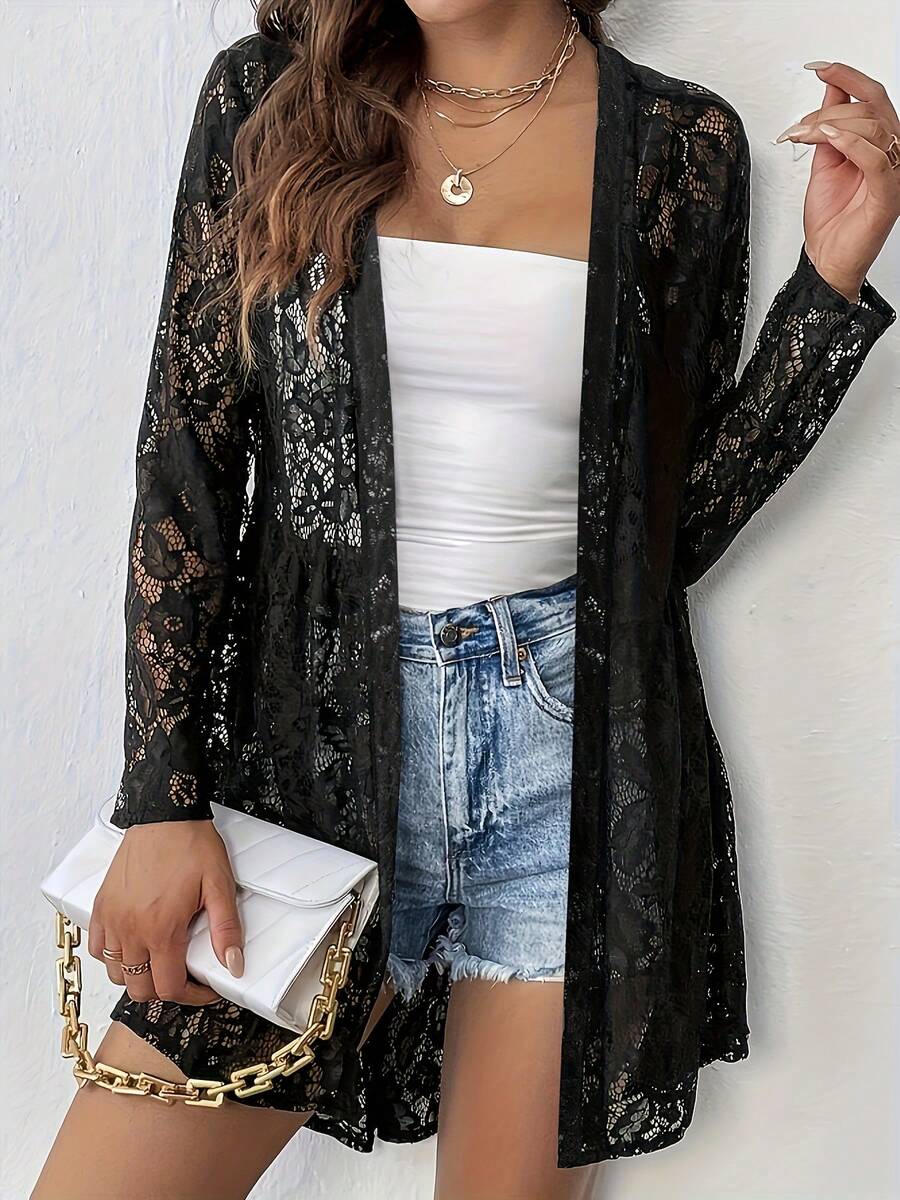 夏季女士加大码花卉蕾丝长袖开襟外套，优雅防风防晒披肩上衣，适合假日派对，刺绣低调优雅，复活节嘉年华返校季秋季复古乡村Y2K街头风秋冬万圣节圣诞节沙特国庆节派对度假黑色