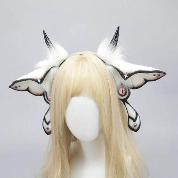 Halloween Demon Fantasy Creature Headpiece With Butterfly Decoration, Plush Moth Hairband Headwear Ear