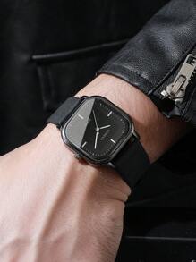 3pcs Set: Men's Square Minimalist Dial Quartz Watch & Leather Belt Accessories, Excluding Watch Box - Multicolor - View 3