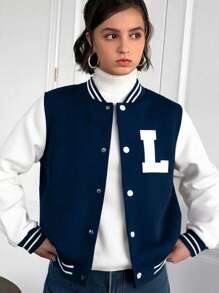 1pc Casual Vintage Solid Color Fleece Jacket With L Letter Decor For Teen Girls & Girls, Suitable For Spring, Autumn, Winter - Navy Blue - View 5