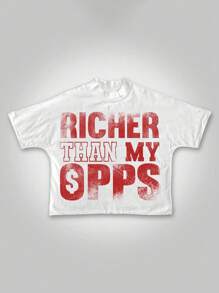 Plus Size Men's,Richer Than My Opps ,(1 Pcs )100% Cotton Casual Printed T-Shirt,Crew Neck Short Sleeve,220g  Cotton T-Shirt,For Going Out,Gift,Summer,Unisex - 白色 - 查看 1