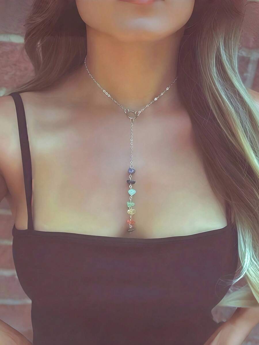 1 Pieza Collar Con Piedra De Cristal Curativo De Siete Chakras - Multicolor - Ver 1