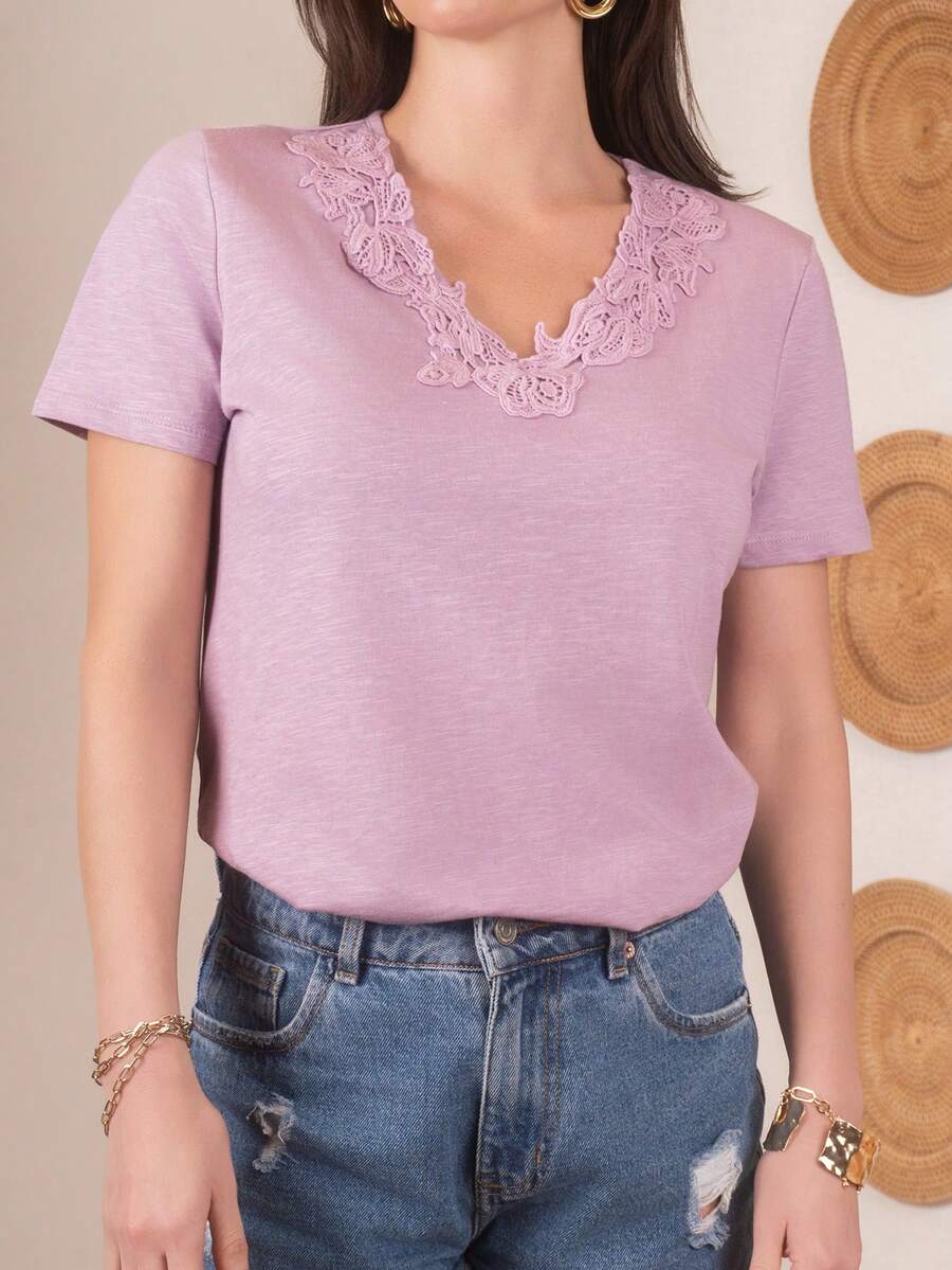 Blusa Mujer Mangar corta color Lila Escote V Crochet en cuello - Morado - Ver 1