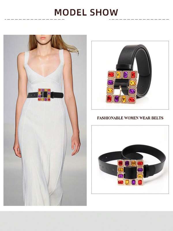 3PCS/1pc 2025 New Fashion Color Rhinestone Square Buckle Women's Belt, With Skirt Pants Decorative Personalized Niche Belt, There Are Three Colors Of Black And White Camel, Women's Belt