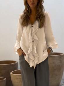 Camisa de mujer de Primavera/Verano de diseño casual de unicolor con doble capa, borde con volantes, bolsillos con botones, estilo "Old Money", cómoda y transpirable, diseño con volantes de gran tamaño, botones de madera vintage y detalles elegantes y dignificados