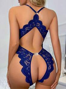 Ning xue yan ying Women's Blue Transparent Deep V-Neck ,Jacquard Weave,Backless,Bow Decoration On The Chest,Floral Lace Criss Cross Crotchless,Heart Metal Buckle Decoration,Sexy Teddy Bodysuit,Scallop Trim Tight Fitting Bodysuit,Women Sexy Club Outfits ,Women's Sexy Bodysuit