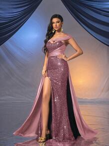 QOQ Rochie de seară romantică și elegantă pentru femei, cu paiete, de vară, pentru invitați la nuntă, bal, ceremonie de absolvire, culoare solidă, cu decolteu adânc - Roz - Vizualizare 6