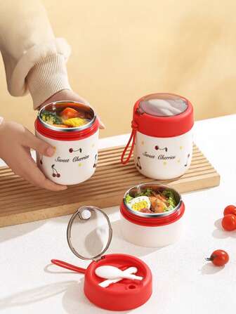 1 Pc Stainless Steel Vacuum Thermal Portable Lunch Box Double Layer 500ml & 680ml Insulated Lunch Food Warmer Soup Cup Insulated Containers Bento Lunch Box With Foldable Spoon (Lid Randomly Shiped)